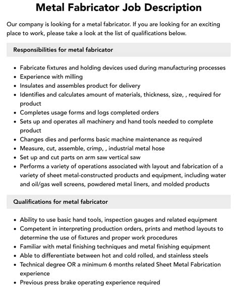 metal fabrication description|steel fabricator duties and responsibilities.